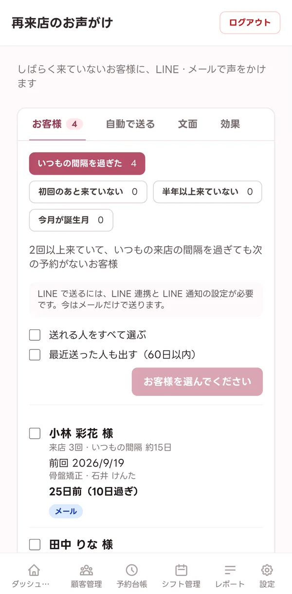 声をかけたいお客様の一覧。いつもの来店の間隔を過ぎたお客様が並んでいる